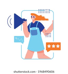 Influencer marketing flat composition with character of girl in smartphone vector illustration
