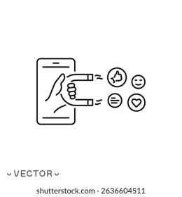 influencer marketing icon, influence customer concept, thin line symbol isolated on white background, editable stroke eps 10 vector illustration