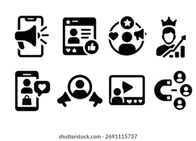 Symbolsatz für das Marketing von Influencer. Vektorschwarze Symbole der Illustrationen sozialer Medien, Werbung und Online-Symbole