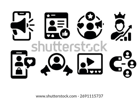 Influencer marketing icon set. Vector black symbols of social media, promotion, and online glyph illustrations