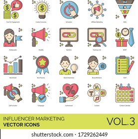 Influencer marketing icons including cost per engagement, creator economy, activation, affiliate, AIDA, ambassador, amplify, backlink, tracking link, BANT, benchmark, best practice, brand awareness.