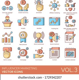 Influencer marketing icons including cost per engagement, creator economy, activation, affiliate, AIDA, ambassador, amplify, backlink, tracking link, BANT, benchmark, mention, brief, call to action.
