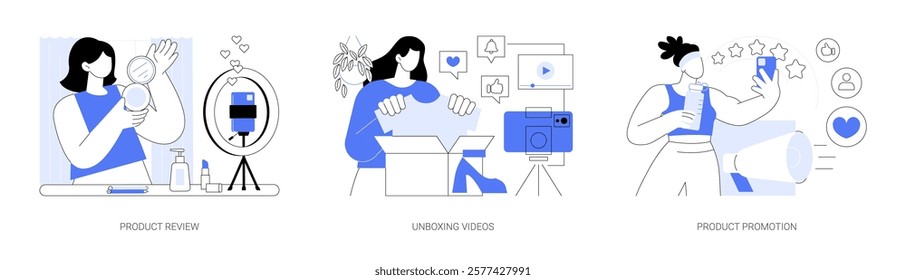 Influencer marketing isolated cartoon vector illustrations set. Beauty blogger makes cosmetics review for her vlog, shooting unboxing videos, online product promotion, smm specialist vector cartoon.