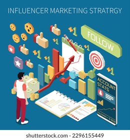 Influencer marketing composición isométrica con texto editable pictograma emoticonos elementos de la gráfica de la barra de gráficos de smartphone y de la ilustración del vector de caracteres masculino
