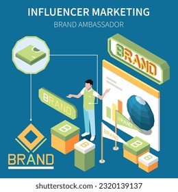 Influencer marketing isometric composition with male character presenting brand strategy with boxes charts flags and text vector illustration