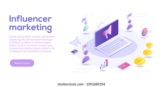 Influencer marketing isometric vector illustration. Blog advertising goods via internet social media. Website or blog ad influence on potential buyers.