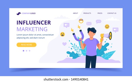 Influencer marketing landing page with man holding megaphone and magnet in the social profile frame. Different social media icons. Vector illustration in flat style