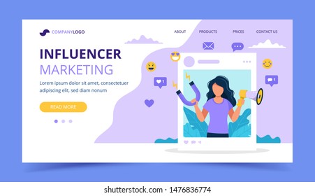 Influencer marketing landing page with woman holding megaphone and magnet in the social profile frame. Different social media icons. Vector illustration in flat style