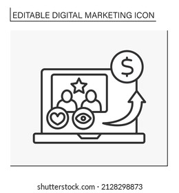  Influencer marketing line icon. Social media marketing promotes content. Advertising. Digital marketing concept. Isolated vector illustration. Editable stroke
