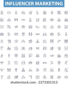Influencer marketing line icons, signs set. Influencers, Marketing, Social, Media, Content, Platforms, Engagement, Strategy, Creation outline vector illustrations.