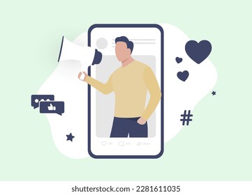 Influencer marketing - maximize ROI, reach target audience, boost brand and increase credibility. Word-of-mouth influencer marketing with content promoting brand, service, product in social media app