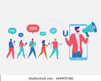 Influencer marketing. Potential product buyers or consumer products buyer, online engagement communication business or digital customer research process strategy illustration