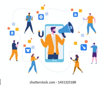 Influencer marketing. Potential product buyers or consumer products buyer, online engagement communication business or digital customer research process strategy illustration