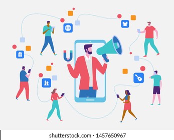 Influencer marketing. Potential product buyers or consumer products buyer, online engagement communication business or digital customer research process strategy illustration