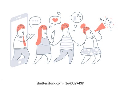 Influencer marketing, refer a friend loyalty program, promotion method, affiliate partnership and earn money concept. Flat line vector illustration on white background.