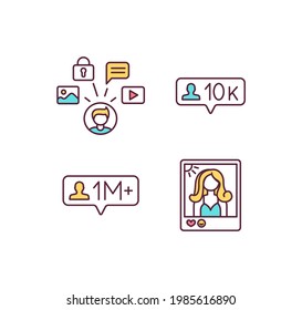 Influencer marketing RGB color icons set. Social media. Micro, macro, mega influencer. Well-known celebrity. Increasing brand awareness. Posting high quality content. Isolated vector illustrations