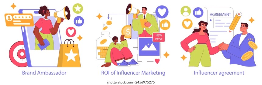 Influencer Marketing set. Brand ambassador promoting products, analyzing ROI, creating partnerships. Social media engagement, strategic promotion, successful collaboration. Vector illustration.