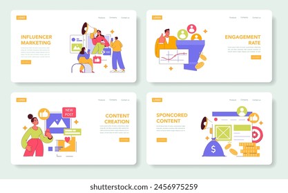 Influencer Marketing set. Engaging online audience through content creation and tracking engagement rates. Digital marketing strategies and sponsored content promotion. Vector illustration.