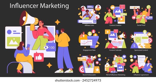 Influencer Marketing set. Social media personalities engaging audiences, partnerships, and monetization methods. Content strategy and brand collaboration. Vector illustration.