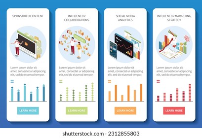 Influencer marketing set of vertical banners with isometric images of graphs bar charts people and pictograms vector illustration