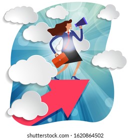 Influencer marketing, social media or network promotion, SMM. Motivational message to  successful career. businessman with megaphone stands on top of arrow in clouds lit by sun