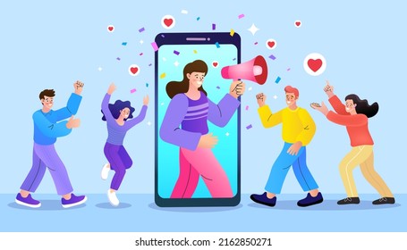 Influencer marketing, social media or network promotion. Blogger woman Character with Megaphone at Huge Smartphone Screen, People Watch Broadcasting, Streaming Video Post.