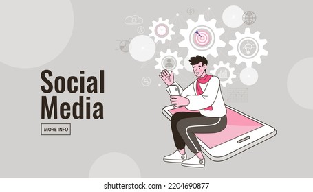 Influencer marketing, social media or network promotion. Blogger man Character with Huge Smartphone Screen, People Watch Broadcasting, Streaming Video Post.