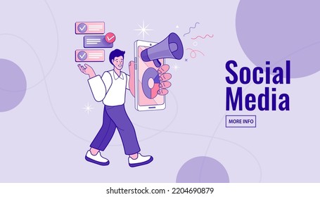 Influencer marketing, social media or network promotion. Blogger man Character with Megaphone at Huge Smartphone Screen, People Watch Broadcasting, Streaming Video Post.