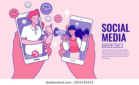 Influencer marketing, social media or network promotion. Blogger woman Character with Megaphone at Huge Smartphone Screen, People Watch Broadcasting, Streaming Video Post.