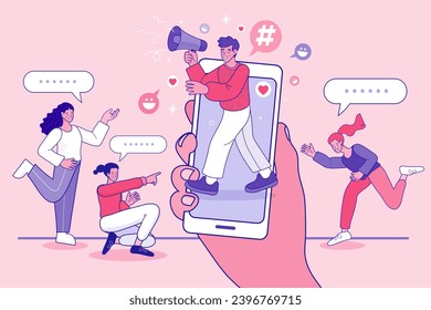Influencer marketing, social media or network promotion. Blogger man Character with Megaphone at Huge Smartphone Screen, People Watch Broadcasting, Streaming Video Post. Vector illustration