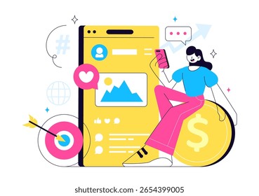 Ilustración vectorial de marketing de influencers con publicaciones en redes sociales en Internet para estrategias de marketing para promover Productos o apoyos