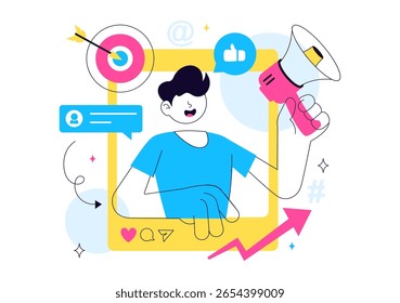 Ilustración vectorial de marketing de influencers con publicaciones en redes sociales en Internet para estrategias de marketing para promover Productos o apoyos