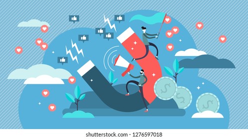 Influencer marketing vector illustration. Flat tiny persons marketing impact concept. Powerful famous leaders behavior and speech increases brand or product recognition using social media followers.