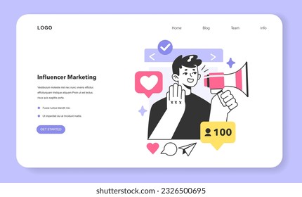 Influencer marketing web banner or landing page. Digital promotion in social networks. Advertisement and public relations. Social media influencer attract customers. Flat vector illustration