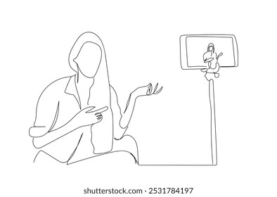 Influencer media blogger recording video for blog. One continuous line. Blogger female character. Internet blogging, online broadcasting. Hand made vector not AI.