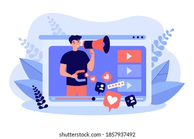 Influencer with megaphone advertising product or service on his video channel, getting likes. Vector illustration for influencer marketing, blogging, advertising on social media networks concept