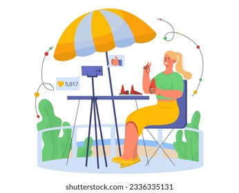Influencer on vacation in cafe concept. Young girl with watermelon sitting in cafe outdoor. Blogger and social media celebrity. Famous person at summer restaurant. Cartoon flat vector illustration