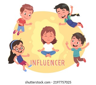 Influencer person with adoring fans children. Followers boys, girls kids showing gestures surrounding cheering famous celebrity kid floating in air. Fame influence concept flat vector illustration