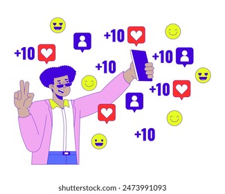 Influencer posing on phone camera for likes 2D linear cartoon character. Stylish latin american man peace fingers isolated line vector person white background. Streaming color flat spot illustration