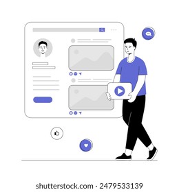 Influencer posts new photos to online blog, creates content, collects likes and hearts. Social media content marketing. Vector illustration with line people for web design.	