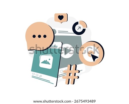 Influencer promotion with mobile content sharing, hashtag interaction. Social media marketing, video post engagement and online community growth on digital social media platforms vector illustration