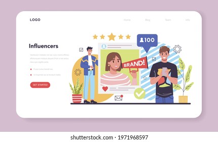 Influencer promotion web banner or landing page. Advertsing and PR concept. Commercial advertisement and communication with customer through the Internet. Flat vector illustration