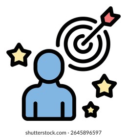 Ilustração em estilo de linha plana do ícone de propósito do influenciador representando a missão ou a intenção central por trás das atividades do influenciador, como inspirar o público, promover causas ou impulsionar o engajamento da marca