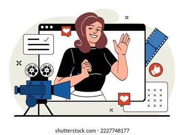 Influencer recording video. Woman stands in front of camera, popular personality, blogger. Character creates interesting content for social networks, entertainment. Cartoon flat vector illustration