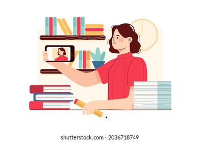 Influencer school girl taking a selfie Illustration concept. Flat illustration isolated on white background.