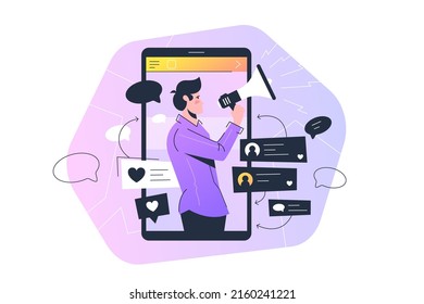 Influencer shouting in loud speaker with social media signs vector illustration. Marketing, blogger, vlogging, network promotion concept