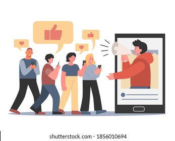 Influencer in Smartphone holding megaphone and speak with followers who like and love him. Concept Illustration about personal marketing online with social media.