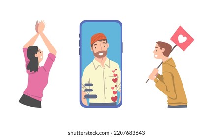 Influencer in smartphone speaking with enthusiastic followers cartoon vector illustration