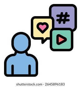 Influencer Social Media icon in flat line style illustration depicts a person or avatar with social media interface elements like likes, comments, and share icons around them