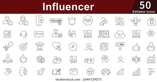 Influencer Social Media Icon Set - 50 Editable Content Creator Icons for Digital Marketing, Brand Partnership and Online Engagement Vector Collection